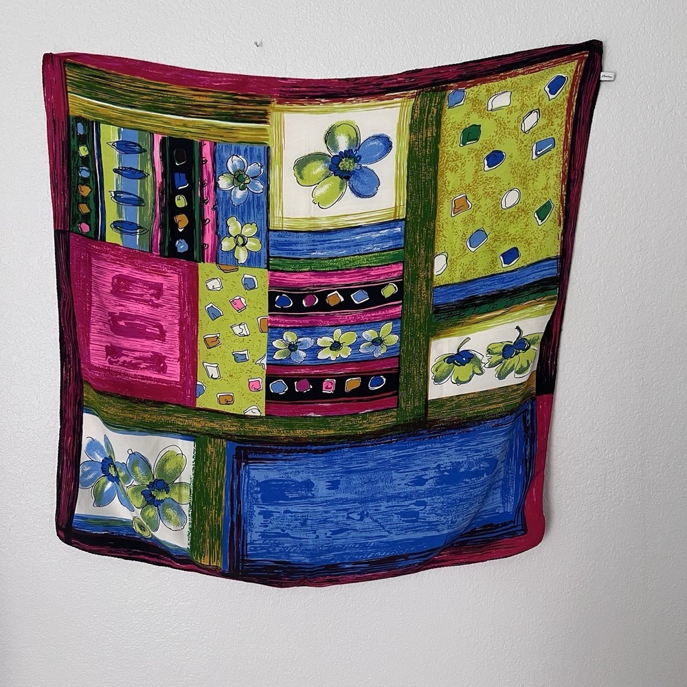 Christina 100% Silk Square Scarf Eclectic Maximalist Abstract Floral Patchwork